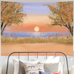 Tenture Murale Paysage Coucher de Soleil Doré sur Prairie Fleurie