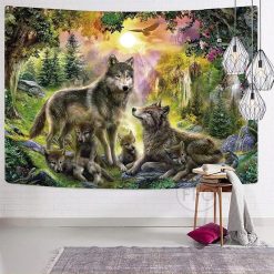 Tenture Murale Animaux - Famille de Loups dans la Forêt Enchantée