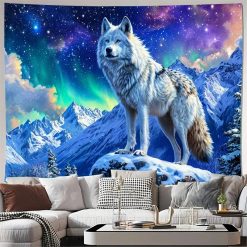 Tenture Murale Animaux Loup Arctique Aurore Boréale