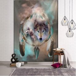 Tenture Murale Animaux Loup - Attrape-Rêves aux Yeux Bleus