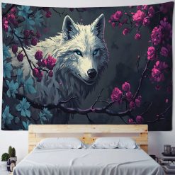 Tenture Murale Animaux Loup Blanc Fleur de Cerisier