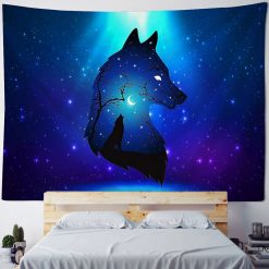 Tenture Murale Animaux - Loup Céleste Hurlement sous la Lune Étoilée