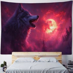 Tenture Murale Animaux Loup Hurlant Lune Rouge