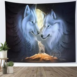 Tenture Murale Animaux - Loup Hurlant sous la Grande Lune Bleue
