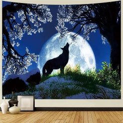 Tenture Murale Animaux - Loup Hurlant sous la Pleine Lune