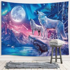 Tenture Murale Animaux - Loups Arctiques sous l'Aurore Boréale