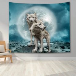 Tenture Murale Animaux - Loups Arctiques sous la Pleine Lune Bleue