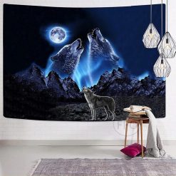 Tenture Murale Animaux - Loups Hurlants sous la Lune Bleue