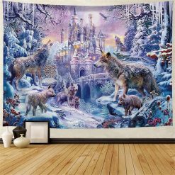 Tenture Murale Animaux - Loups et Château Enchanté sous la Neige
