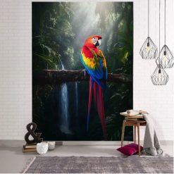 Tenture Murale Animaux Perroquet Écarlate dans la Jungle Mystique