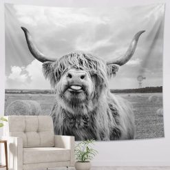 Tenture Murale Animaux - Vache Highland Facétieuse en Noir et Blanc