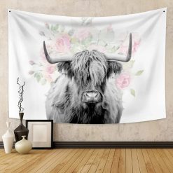 Tenture Murale Animaux - Vache Highland Florale