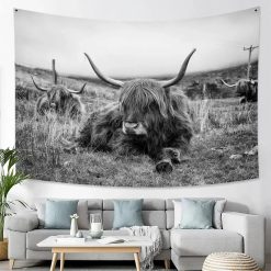 Tenture Murale Animaux - Vache Highland au Repos en Noir et Blanc