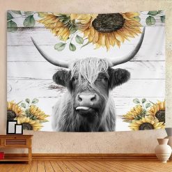 Tenture Murale Animaux - Vache Highland et Tournesols