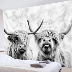 Tenture Murale Animaux - Vaches Highland sur Fond Marbre