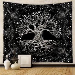 Tenture Murale Arbre de Vie Cosmique Noir et Blanc
