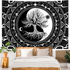 Tenture Murale Arbre de Vie Yin et Yang Noir et Blanc