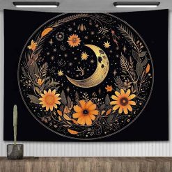 Tenture Murale Bohème - Croissant Lunaire & Fleurs Solaires