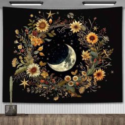 Tenture Murale Bohème - Croissant Lunaire & Fleurs Solaires
