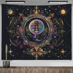 Tenture Murale Bohème - Visage Cosmique du Soleil & de la Lune