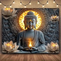 Tenture Murale Bouddha Yoga Aura Sacrée et Lotus de Feu