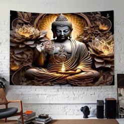 Tenture Murale Bouddha Yoga Éveil Doré au Cœur des Lotus Sculptés