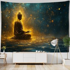 Tenture Murale Bouddha Yoga Éveil Doré sous les Étoiles
