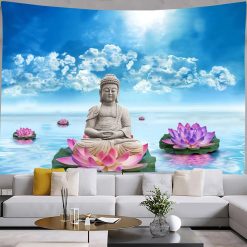 Tenture Murale Bouddha Yoga Lotus Céleste sur l’Océan Bleu