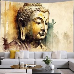 Tenture Murale Bouddha Yoga Portrait Doré en Aquarelle Spirituelle