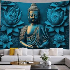 Tenture Murale Bouddha Yoga Sculpture Bleu Saphir et Lotus Sacrés