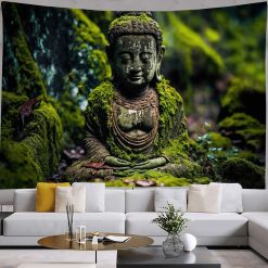 Tenture Murale Bouddha Yoga Sérénité Mousseuse du Temple Oublié