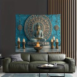 Tenture Murale Bouddha Yoga Temple Azur et Méditation de Lumière