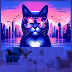 Tenture Murale Lumière Noire - Chat Coucher de Soleil Miami Synthwave