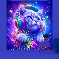 Tenture Murale Lumière Noire Chat DJ Néon Arc-en-ciel