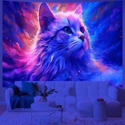 Tenture Murale Lumière Noire Chat Galaxie