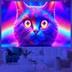 Tenture Murale Lumière Noire Chat Psychédélique