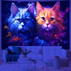 Tenture Murale Lumière Noire Chats Cosmiques