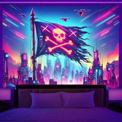 Tenture Murale Lumière Noire - Drapeau Pirate Cybernéon sur Cité Futuriste