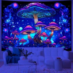 Tenture Murale Lumière Noire - Forêt Psychédélique des Spores Étoilés