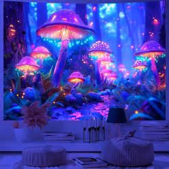 Tenture Murale Lumière Noire - Forêt des Champignons Électro-Luminescents