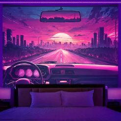 Tenture Murale Lumière Noire - Horizon Synthwave Urbain en Route vers le Soleil