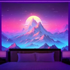 Tenture Murale Lumière Noire - Montagnes Astrales au Soleil Synthétique Synthwave
