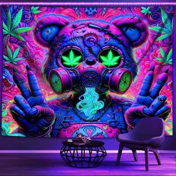 Tenture Murale Lumière Noire - Ours Psychédélique au Gaz Vert