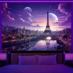 Tenture Murale Lumière Noire - Paris Onirique sous Lune Cosmique