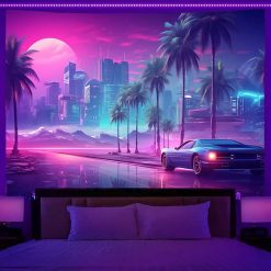 Tenture Murale Lumière Noire - Riviera Futuriste au Crépuscule Néon