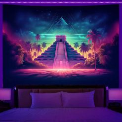 Tenture Murale Lumière Noire - Temple Aztèque sous Aura Néon