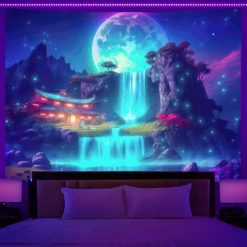 Tenture Murale Lumière Noire - Temple Lunaire et Cascade Éthérée