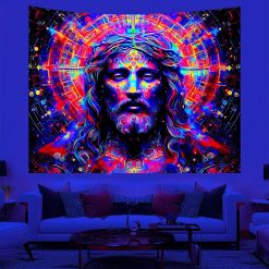 Tenture Murale Lumière Noire – Jésus Psychédélique en Aura Sacrée