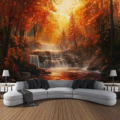 Tenture Murale Paysage Conte Cascade d’Automne dans la Forêt Enflammée
