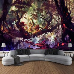 Tenture Murale Paysage Conte Village Enchanté dans la Forêt Mystique